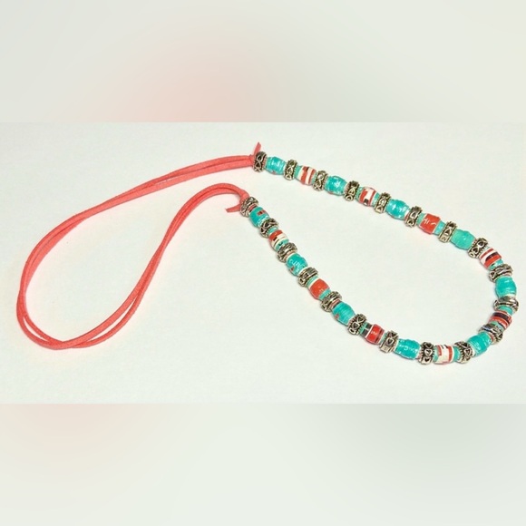 Handmade Recycle Paper Bead Necklace Orange Turquoise Beads Orange Leather Strap - Picture 2 of 3